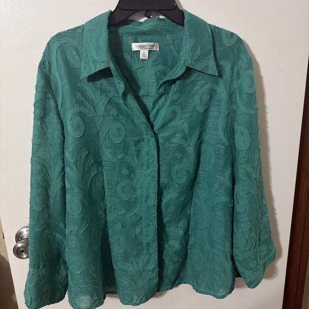 Coldwater Creek Burnout Floral Top Blouse XL Green Textured